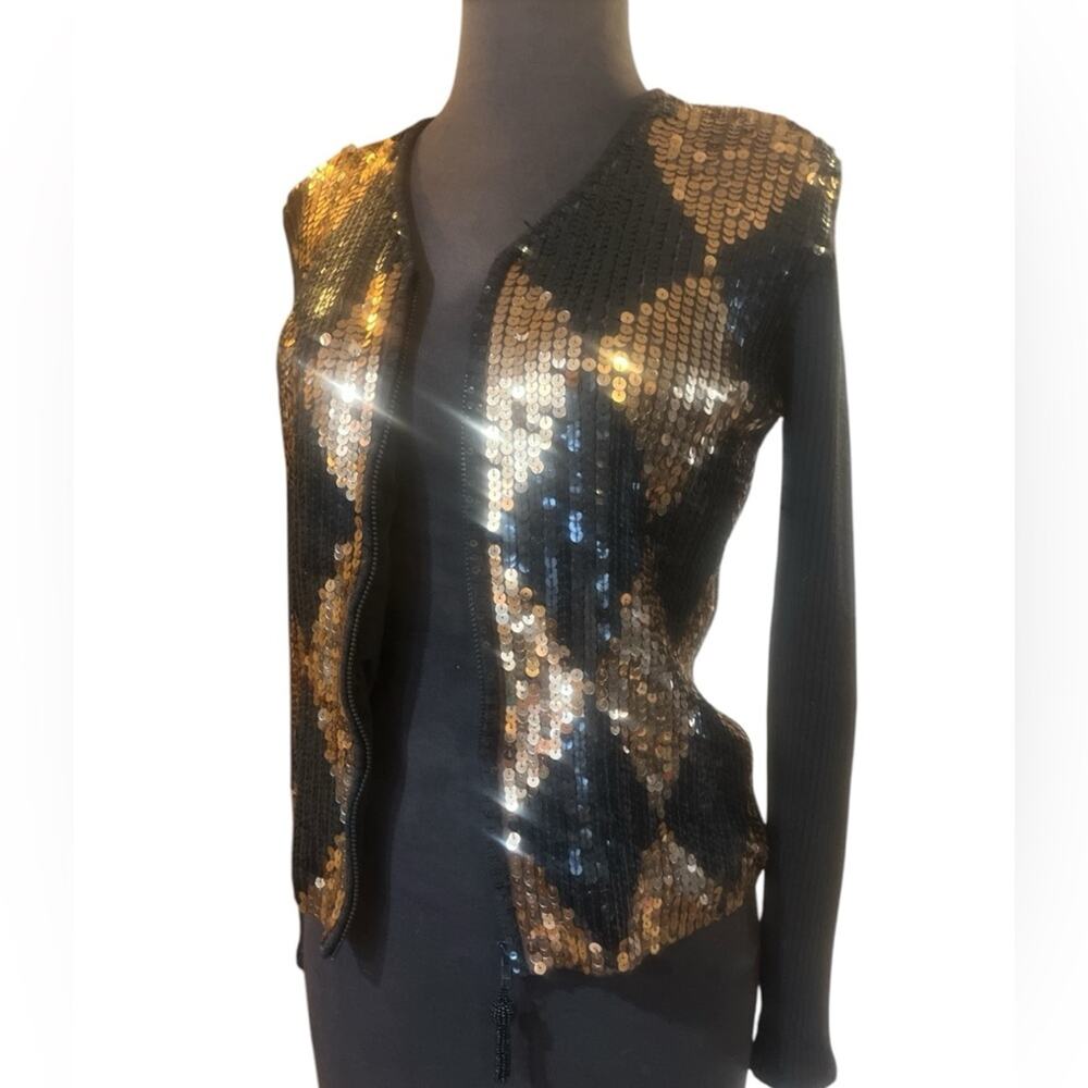 Vtg Sequin Maximalist Glam Zip Up Sweater Cardigan Size S Retro Luxury Old Money